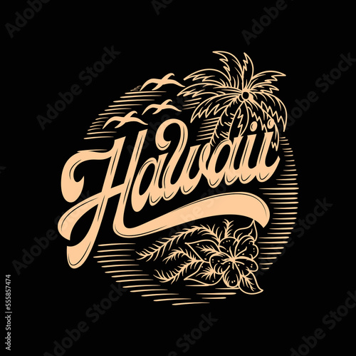 Hawaii Beach holiday background with palms Line Art