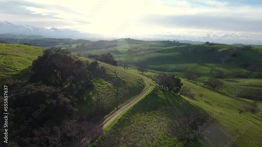 Aerial View Drone Flying Over Green Rolling Hills on a Sunny Day Aerial View Drone Flying Over Green Rolling Hills on a Sunny Day
