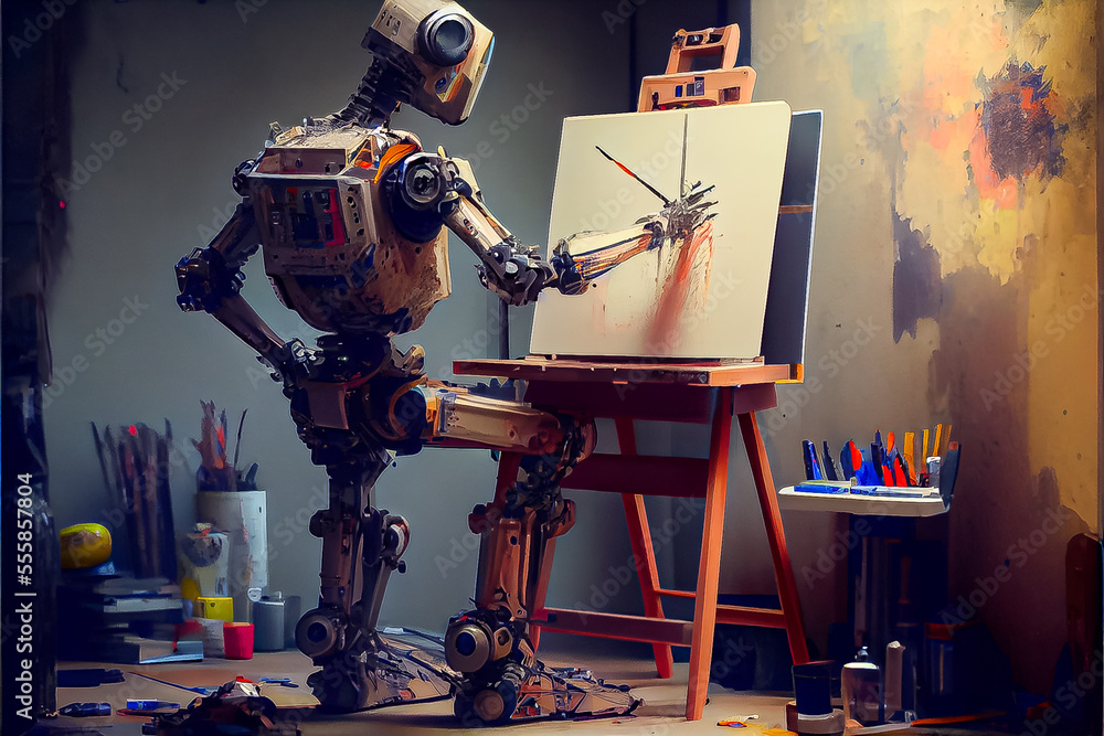 Cyborg Ai robot artist in dark studio next to his easel, painting and  paints while working,