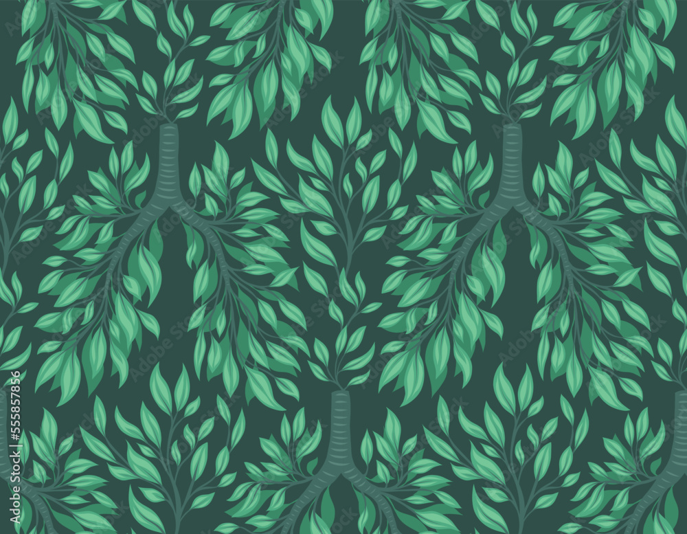 Seamless pattern with human lungs from leaves and branches on dark green background. Clean natural air. Save the earth