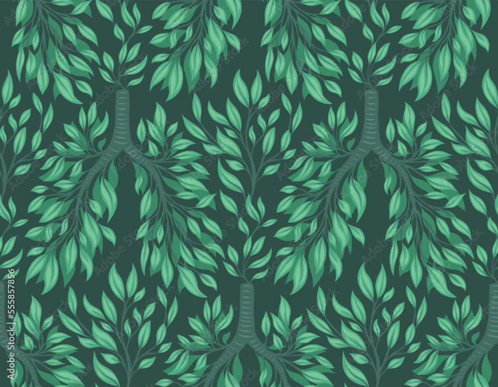 Seamless pattern with human lungs from leaves and branches on dark green background. Clean natural air. Save the earth Seamless pattern with human lungs from leaves and branches on dark green background. Clean natural air. Save the earth
