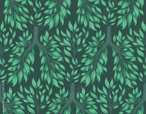 Seamless pattern with human lungs from leaves and branches on dark green background. Clean natural air. Save the earth