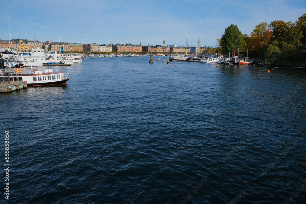 Deep blue water of Lake Mälaren in marina area in Stockholm, Sweden