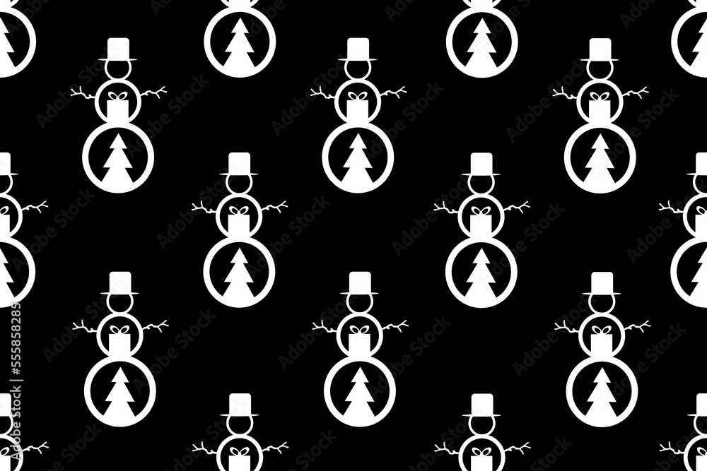 Creative christmas wrapping paper with black outline snowman in top hat with fir and gift box inside on white background. Wallpaper or bed linen print. Website banner concept. New year greeting card. Creative christmas wrapping paper with black outline snowman in top hat with fir and gift box inside on white background. Wallpaper or bed linen print. Website banner concept. New year greeting card.