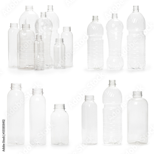 selection of quality photo collage of many different empty plastic bottles isolated on white background. production of new containers