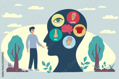 Five human senses line icons set. Vision, smell, hearing, touch, taste icons. Human sensory organs. Eye, nose, ear, hand, mouth icon set.