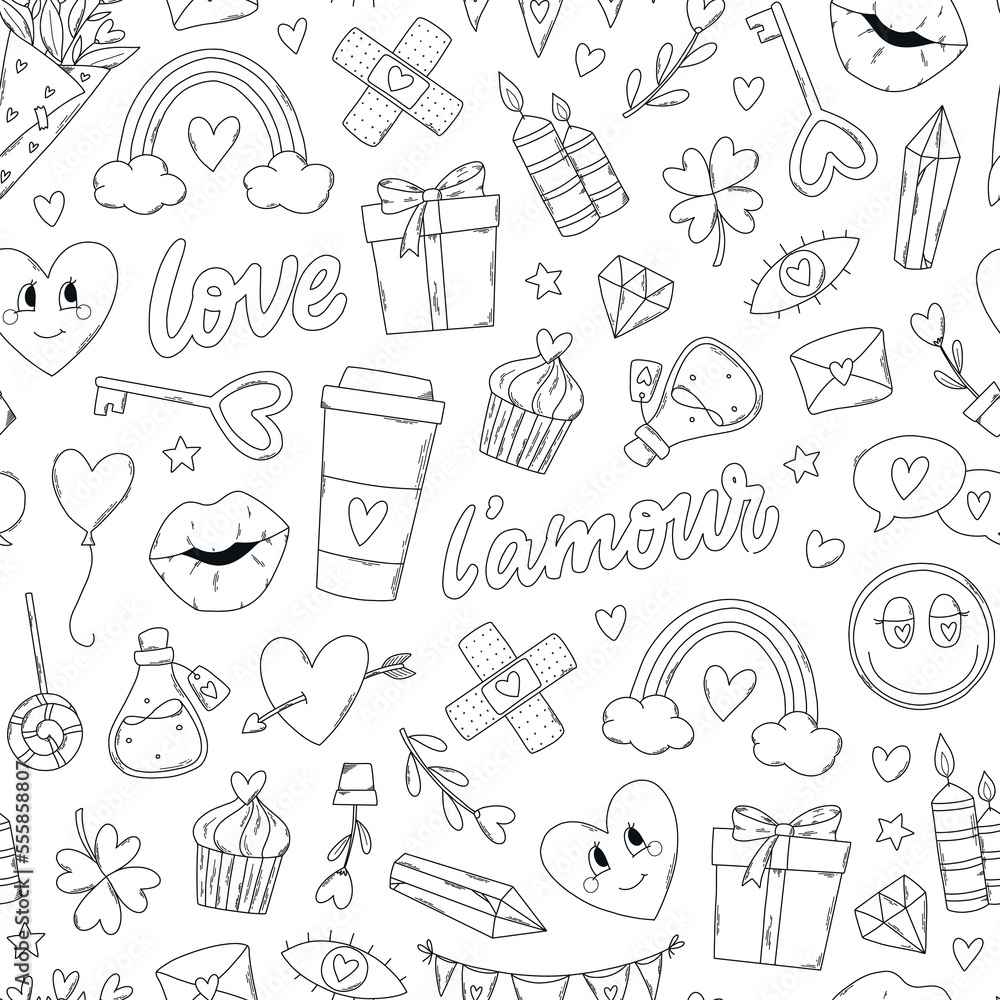 Valentine's day seamless pattern with monochrome doodles on white background for wrapping papers, scrapbooking, textile prints, stationary, wallpaper, etc. EPS 10 Valentine's day seamless pattern with monochrome doodles on white background for wrapping papers, scrapbooking, textile prints, stationary, wallpaper, etc. EPS 10