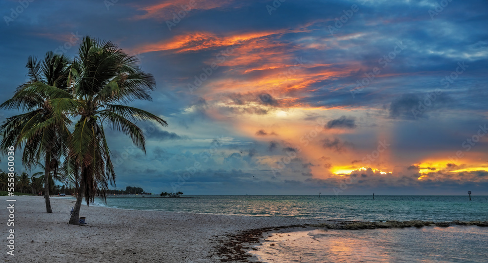 Colourful sunrise at the Smashers Beach in the Key West, Florida, USA