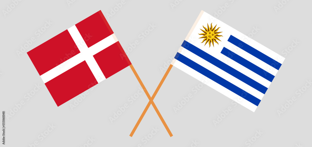Crossed flags of Denmark and Uruguay. Official colors. Correct proportion