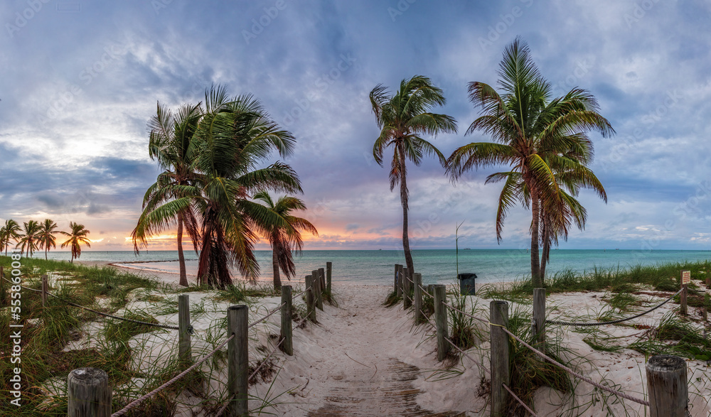 Colourful sunrise at the Smashers Beach in the Key West, Florida, USA