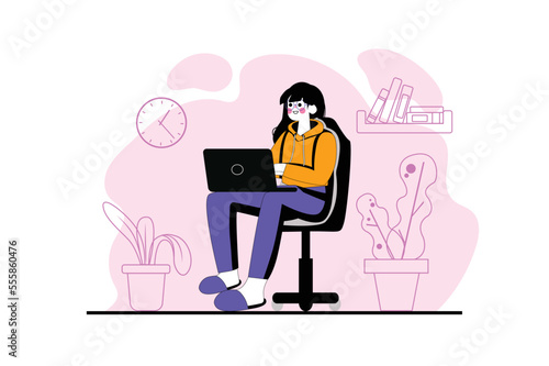Working at home purple concept with people scene in the flat cartoon design. Girl completes different task on a laptop and work at home. Vector illustration.