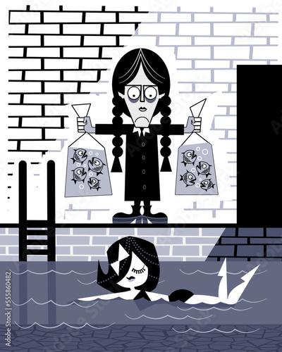 Angry girl with angry fish in the pool. Vector illustration.