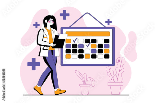 Doctor appointment purple concept with people scene in the flat cartoon design. Doctor studies new drugs in order tp prescribe them to patient. Vector illustration.
