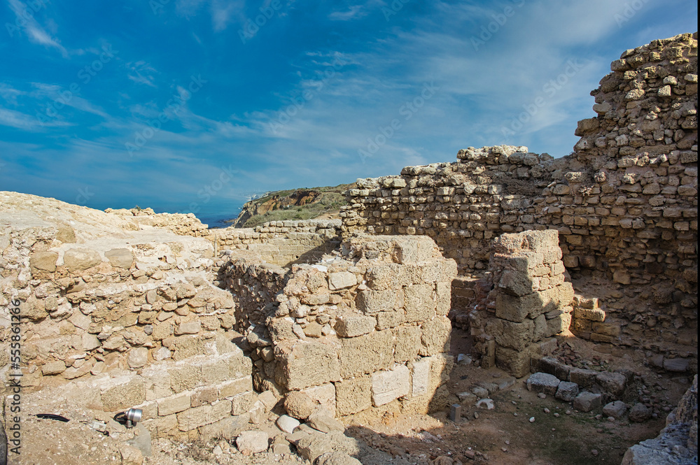 The ruins of the ancient fortress of Apollonia (Arsuf) on the shores of the Mediterranean Sea, Israel.
