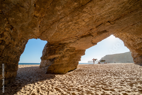 View from a cave on a beach near Sagres  Algarve  Portugal