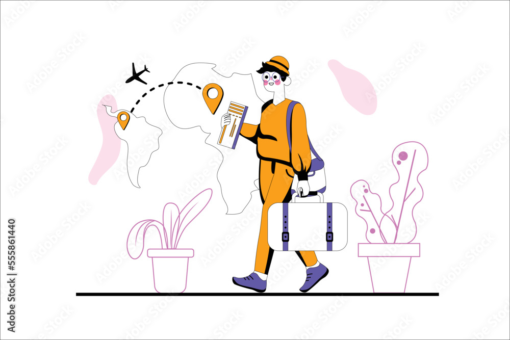Buying flight ticket purple concept with people scene in the flat cartoon design. Man buy a fly ticket for travelling. Vector illustration.