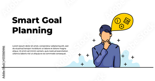 Vector illustration of self development. Thinking man planning his work. Modern flat in continuous line style.