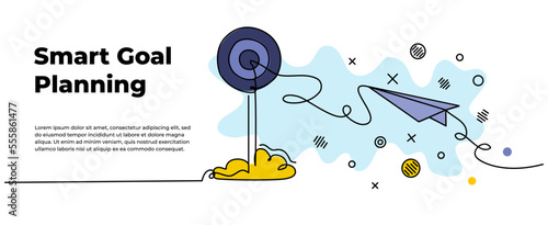 Vector illustration of self development. Paper airplane flying towards target circle. Modern flat in continuous line style.