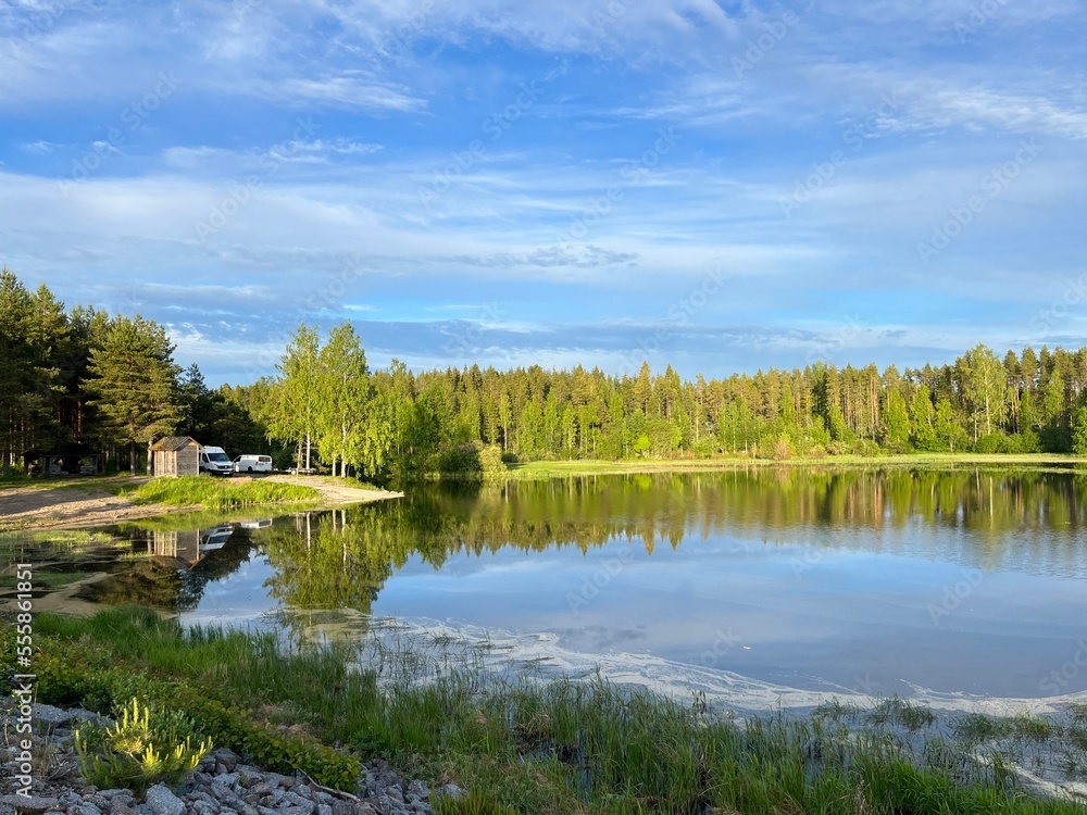 Blue lake view, lake in the forest, Scandinavian lake background