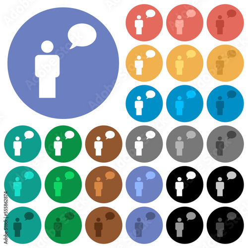 One talking person with oval bubble solid round flat multi colored icons