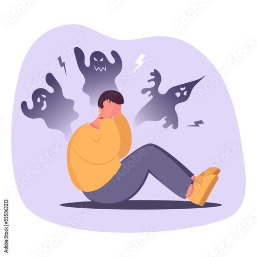 Feeling inner fears and panic concept. Fear, Insecurities haunting you. Young stressed frustrated man cartoon character scared from huge shadow.Boy sitting feeling choked