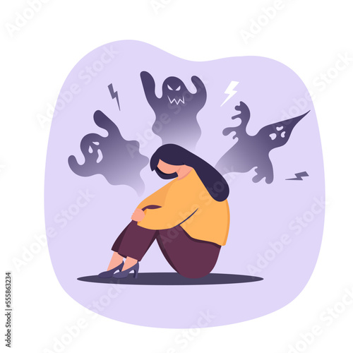 Feeling inner fears and panic concept. Fear, Insecurities haunting you. Young stressed frustrated woman cartoon character scared from huge shadows which symbolizes fear. Girl sitting feeling choked