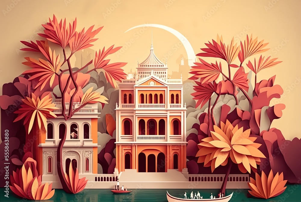 paper craft style illustration of cityscape inspired from Ha Noi city, Vietnam