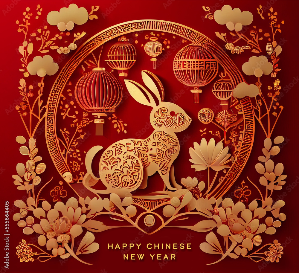 Happy chinese new year 2023 year of the rabbit zodiac sign with flower,lantern,asian elements gold paper cut style on color Background. (Translation : Happy new year). Ai-generated. generative ai. Happy chinese new year 2023 year of the rabbit zodiac sign with flower,lantern,asian elements gold paper cut style on color Background. (Translation : Happy new year). Ai-generated. generative ai.