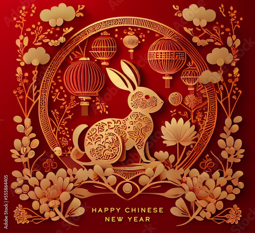 Fototapet Happy chinese new year 2023 year of the rabbit zodiac sign with flower,lantern,asian elements gold paper cut style on color Background