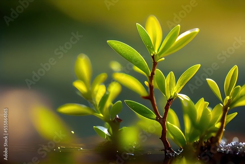 illustration of macro image of spring green mangrove branch with morning light 