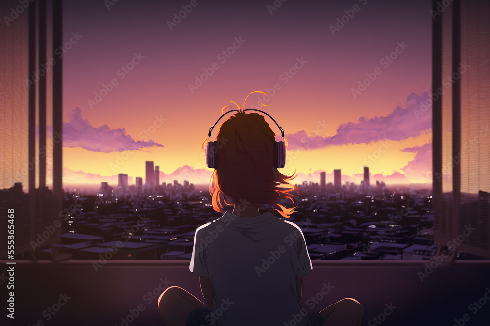 Fototapeta premium Girl with headphones watching beautiful sunset. Anime style wallpaper. Cozy home concept. AI