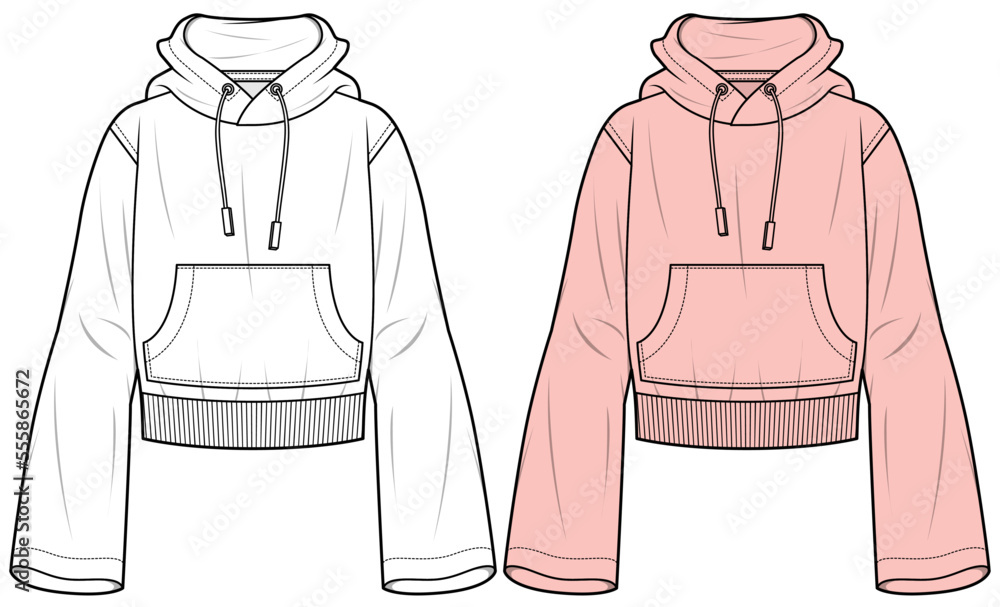 womens long flared sleeve crop hoodie top with kangaroo pocket