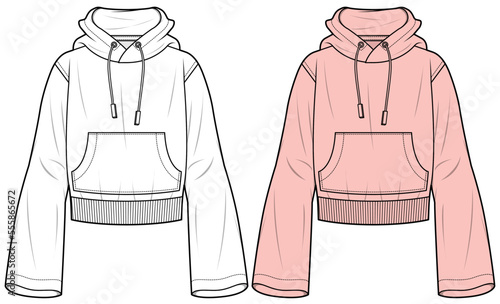 womens long flared sleeve crop hoodie top with kangaroo pocket flat sketch vector illustration technical cad drawing template
