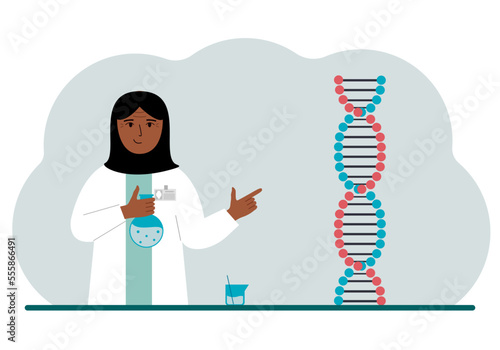 Female doctor with flasks near the dna chain. The concept of treating a new coronavirus, virus, pcr or disease.
