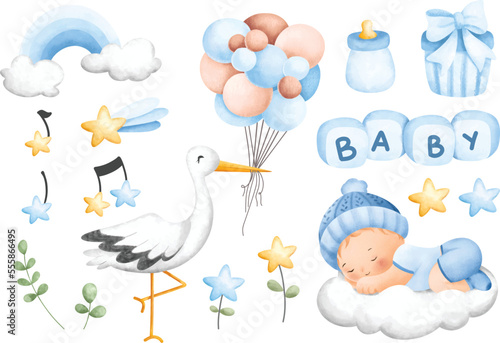 Stork and Baby Boy Clipart. Watercolor illustration. Great for card and greetings.