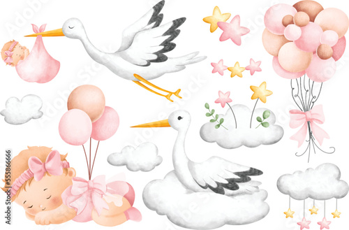 Stork and Baby Girl Clipart. Watercolor illustration. Great for card and greetings.