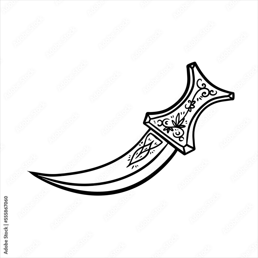 Fototapeta premium Arab dagger with curved blade. Omani culture and weapons. Yemeni knife with ornament. Flat illustration