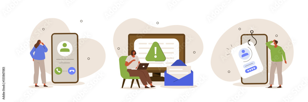 
Cyber crime set. Characters loss personal data, answering a scam call and get spam mail with virus. Phishing, data breach and information leakage concept. Vector illustration. - obrazy, fototapety, plakaty 