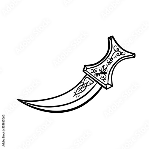 Arab dagger with curved blade. Omani culture and weapons. Yemeni knife with ornament. Flat illustration