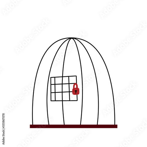 Bird cage with lock. Closed birdcage of lines. Bird house. Doodle cartoon