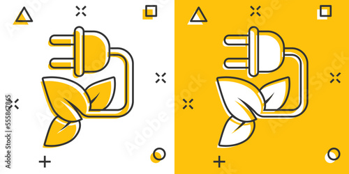 Eco energy icon in comic style. Leaf plug cartoon vector illustration on white isolated background. Electrician splash effect sign business concept.