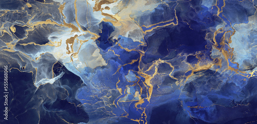 Luxury abstract fluid art painting in alcohol ink technique, mixture of dark blue, blue and gold paints. Imitation of marble stone cut