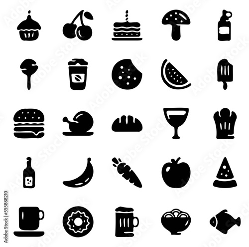 vector illustration, food icon set, drink icon set, cuisine icon set, fruit icon set, solid icon