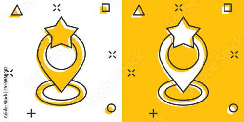 Map pin icon in comic style. GPS navigation cartoon vector illustration on white isolated background. Locate position splash effect business concept.
