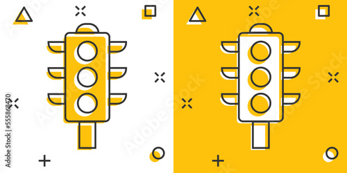 Semaphore icon in comic style. Traffic light cartoon vector illustration on white isolated background. Crossroads splash effect business concept.