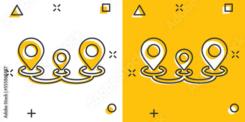 Map pin icon in comic style. GPS navigation cartoon vector illustration on white isolated background. Locate position splash effect business concept.