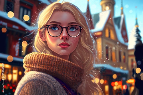 Cartoon illustration of beautiful woman with eyeglasses at the Christmas decorated street. Generative art