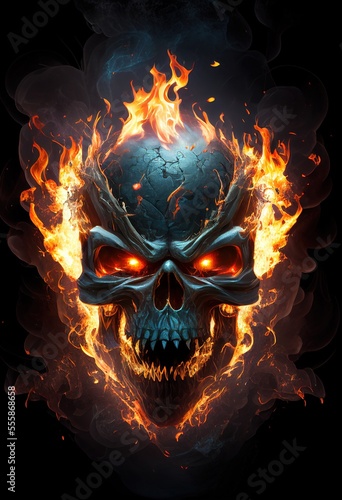 Blazing skull, fire and smoke on dark background. Generative art