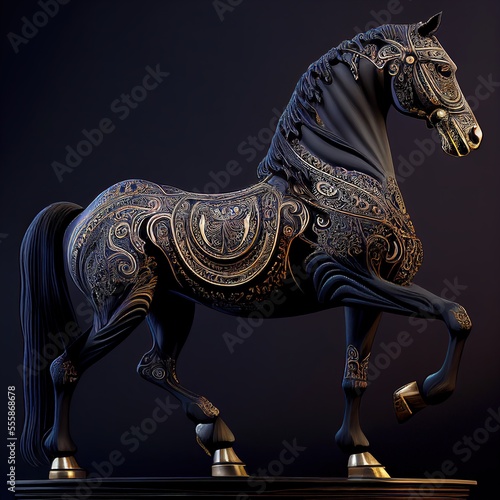 Gorgeous ornate black horse sculpture. Generative art