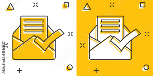 Envelope with confirmed document icon in comic style. Verify cartoon vector illustration on white isolated background. Receive splash effect business concept.
